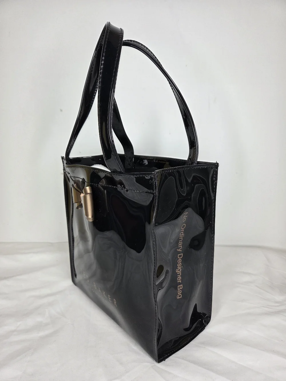 Ted Baker London Patent PVC Tote Bag Gold Bow In Glossy Black Finish - Picture 2 of 16